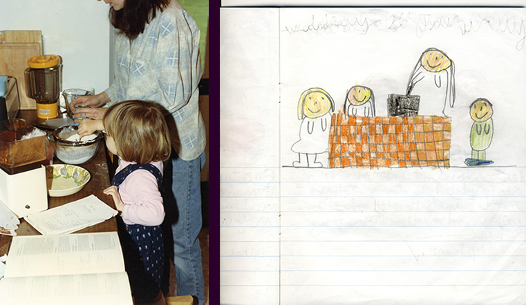 Photograph and child's drawing of baking in the kitchen